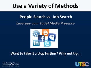 Use a Variety of Methods
     People Search vs. Job Search
   Leverage your Social Media Presence




Want to take it a step further? Why not try…
 