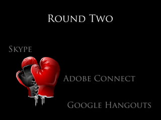 Round Two


Skype


          Adobe Connect


          Google Hangouts
 