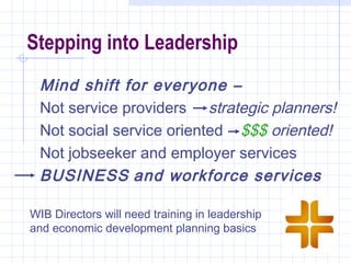 Stepping into Leadership
 Mind shift for everyone –
 Not service providers strategic planners!
 Not social service oriented $$$ oriented!
 Not jobseeker and employer services
 BUSINESS and workforce services

WIB Directors will need training in leadership
and economic development planning basics
 