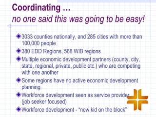 Coordinating …
no one said this was going to be easy!
  3033 counties nationally, and 285 cities with more than
  100,000 people
  380 EDD Regions, 568 WIB regions
  Multiple economic development partners (county, city,
  state, regional, private, public etc.) who are competing
  with one another
  Some regions have no active economic development
  planning
  Workforce development seen as service provider,
  (job seeker focused)
  Workforce development - “new kid on the block”
 