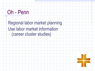 Oh - Penn
Regional labor market planning
Use labor market information
 (career cluster studies)
 