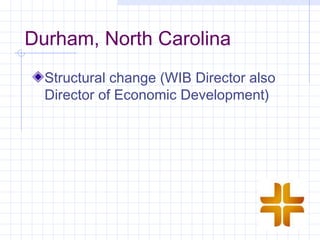 Durham, North Carolina
  Structural change (WIB Director also
  Director of Economic Development)
 