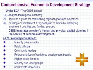 Comprehensive Economic Development Strategy
   Under EDA - The CEDS should:
 1) analyze the regional economy
 2) serve as a guide for establishing regional goals and objectives
 3) develop and implement a regional plan of action by identifying
     investment priorities and funding sources.
     CEDS integrates a region's human and physical capital planning in
     the service of economic development.
 CEDS planning committee:
          Majority private sector
          Public officials
          Community leaders
          Representatives of workforce development boards
          Higher education reps
          Minority and labor groups
          and Private individuals
 
