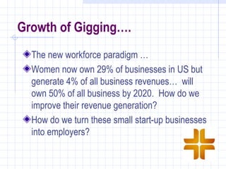 Growth of Gigging….
  The new workforce paradigm …
  Women now own 29% of businesses in US but
  generate 4% of all business revenues… will
  own 50% of all business by 2020. How do we
  improve their revenue generation?
  How do we turn these small start-up businesses
  into employers?
 