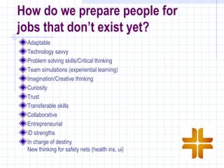 How do we prepare people for
jobs that don’t exist yet?
 Adaptable
 Technology savvy
 Problem solving skills/Critical thinking
 Team simulations (experiential learning)
 Imagination/Creative thinking
 Curiosity
 Trust
 Transferable skills
 Collaborative
 Entrepreneurial
 ID strengths
 In charge of destiny
 New thinking for safety nets (health ins, ui)
 