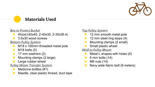 Materials Used
Box to Protect Bucket
◉ Wood (40x40, 2-40x30, 2-30x36.4)
◉ 3.5x30 wood screws
Bottom Pulley System
◉ M18 x 100mm threaded metal pole
◉ M18 bolts (5)
◉ 17 mm washers (2)
◉ Mounting clamps (2 large)
◉ Large rubber wheel
Pulley Water Transfer System
◉ Medicine bottles (#?)
◉ Needle, clear plastic thread, duct tape
Top Pulley System
◉ 12 mm smooth metal pole
◉ 12 mm steel ring stops (4)
◉ Mounting clamps (2 small)
◉ Small plastic wheel
Wall to Pulley Mount
◉ Metal L shapes with holes (6)
◉ 6 mm bolts (14)
◉ M6 nuts (14)
◉ Navy wide fabric belt (6 meters)
 