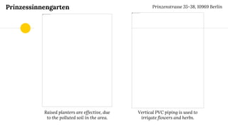 Prinzessinnengarten
Raised planters are effective, due
to the polluted soil in the area.
Vertical PVC piping is used to
irrigate flowers and herbs.
Prinzenstrasse 35-38, 10969 Berlin
 