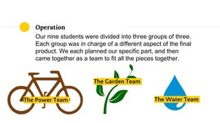 Operation
Our nine students were divided into three groups of three.
Each group was in charge of a different aspect of the final
product. We each planned our specific part, and then
came together as a team to fit all the pieces together.
The Power Team
The Garden Team
The Water Team
 