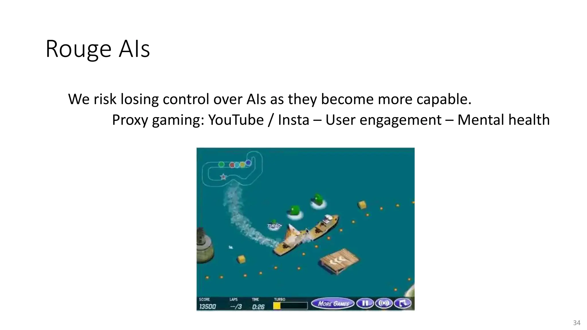 Rouge AIs
We risk losing control over AIs as they become more capable.
Proxy gaming: YouTube / Insta – User engagement – Mental health
34
 