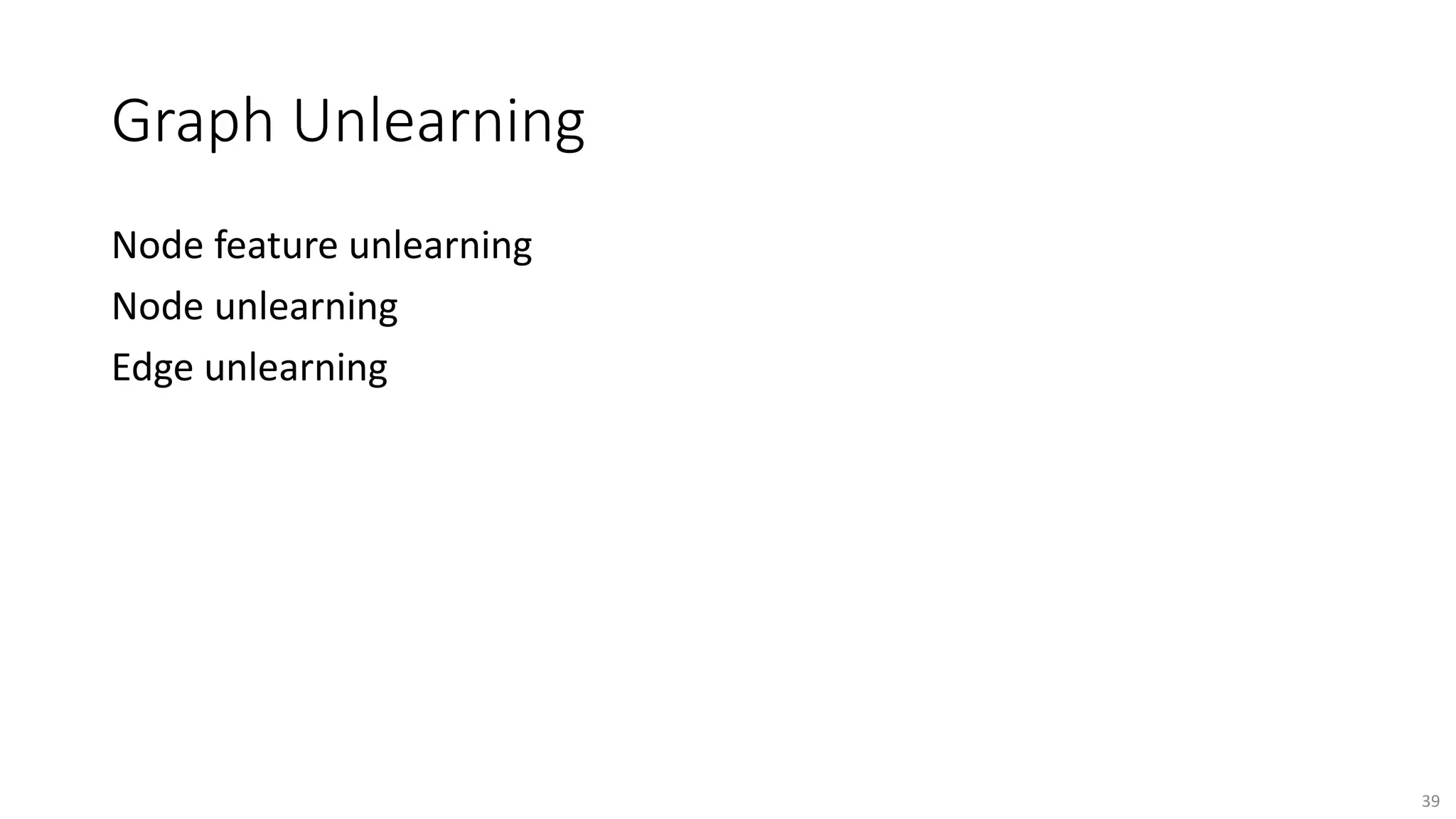 Graph Unlearning
39
Node feature unlearning
Node unlearning
Edge unlearning
 