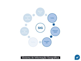 Sistema de Informação Geográfica
Mundo
real
Coleta
Sistemati-
zação
Visualiza-
ção
Análise
Gestão
de
produtos
Tomada
de
decisão
SIG
 