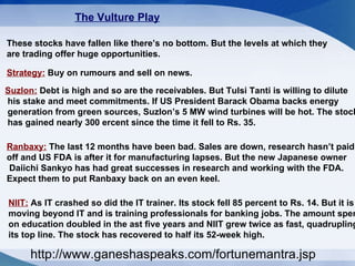The Vulture Play These stocks have fallen like there’s no bottom. But the levels at which they  are trading offer huge opportunities.  Strategy:  Buy on rumours and sell on news.  Suzlon:  Debt is high and so are the receivables. But Tulsi Tanti is willing to dilute his stake and meet commitments. If US President Barack Obama backs energy generation from green sources, Suzlon’s 5 MW wind turbines will be hot. The stock has gained nearly 300 ercent since the time it fell to Rs. 35. Ranbaxy:  The last 12 months have been bad. Sales are down, research hasn’t paid off and US FDA is after it for manufacturing lapses. But the new Japanese owner Daiichi Sankyo has had great successes in research and working with the FDA.  Expect them to put Ranbaxy back on an even keel.  NIIT:  As IT crashed so did the IT trainer. Its stock fell 85 percent to Rs. 14. But it is moving beyond IT and is training professionals for banking jobs. The amount spent  on education doubled in the ast five years and NIIT grew twice as fast, quadrupling  its top line. The stock has recovered to half its 52-week high.  http://www.ganeshaspeaks.com/fortunemantra.jsp 