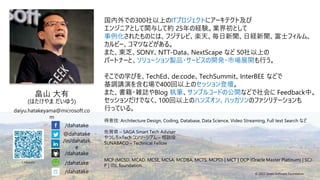 © 2022 Green Software Foundation
© 2022 Green Software Foundation
国内外での300社以上のITプロジェクトにアーキテクト及び
エンジニアとして関与して約 25年の経験。業界初として
事例化されたものには、フジテレビ、楽天、毎日新聞、日経新聞、富士フィルム、
カルビー、コマツなどがある。
また、東芝、SONY、NTT-Data、NextScape など 50社以上の
パートナーと、ソリューション製品・サービスの開発・市場展開も行う。
そこでの学びを、TechEd、de:code、TechSummit、InterBEE などで
基調講演を含む場で400回以上のセッション登壇。
また、書籍・雑誌やBlog 執筆、サンプルコードの公開などで社会に Feedback中。
セッションだけでなく、100回以上のハンズオン、ハッカソンのファシリテーションも
行っている。
得意技: Architecture Design, Coding, Database, Data Science, Video Streaming, Full text Search など
佐賀県 – SAGA Smart Tech Adviser
やつしろ×Tech コンソーシアム – 相談役
SUNABACO – Technical Fellow
MCP (MCSD, MCAD, MCSE, MCSA, MCDBA, MCTS, MCPD) | MCT | OCP (Oracle Master Platinum) | SCJ-
P | ITIL foundation
/dahatake
@dahatake
/in/dahatak
e
/dahatake
/dahatake
daiyu.hatakeyama@microsoft.co
m
/dahatake
 