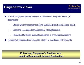 S gapo e s s o
Singapore’s Vision


Si In 2006, Singapore awarded licenses to develop two Integrated Resort (IR)
      2006
Singapore Integrated Resort Overview
                 I t        t dR             tO           i
   destinations

      − Off d two prime locations (Central B i
        Offered t   i   l   ti    (C t l Business Di t i t and S t
                                                  District d Sentosa I l d)
                                                                     Island)

      − Locations encouraged complementary IR developments

      − Established favorable gaming tax designed to encourage investment

   Successfully generated more than S$14 billion of investment for the two IRs




                   Enhancing Singapore’s Position as a
                  Leading Business & Leisure Destination
                        g

                                                                                 17
 