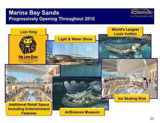 Marina Bay Sands
         y
Progressively Opening Throughout 2010

                                                   World’s Largest
                                                     o d s a gest
       Lion Ki
       Li King
                                                    Louis Vuitton
                            Light & Water Show




                                                     Sands SkyPark




                                                      Ice Skating Rink
 Additional Retail Space
Including Entertainment
I l di    E t t i       t
        Features               ArtScience Museum
                                                                         23
 