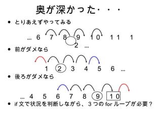 奥が深かった・・・
•   とりあえずやってみる

      ... ６　７　８　９　１０　１１　１
                ２ ...
•   前がダメなら


          １　２　３　４　５　６ ...
•   後ろがダメなら


     ... ４　５　６　７　８　９　１０
•   if 文で状況を判断しながら、３つの for ループが必要？
 
