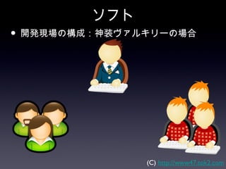 ソフト
• 開発現場の構成：神装ヴァルキリーの場合




               (C) http://www47.tok2.com
 