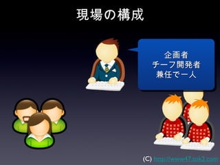 現場の構成

          企画者
        チーフ開発者
         兼任で一人




    (C) http://www47.tok2.com
 