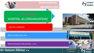 For example
HOSPITAL AS (ORGANIZATION)
HOSPITAL MANAGER
REGULATIONS AND LAWS
EMPLOYEES(DOCTORS,NURSES....ETC.)
MAIN HOSPITAL
ORGANIZATION
 