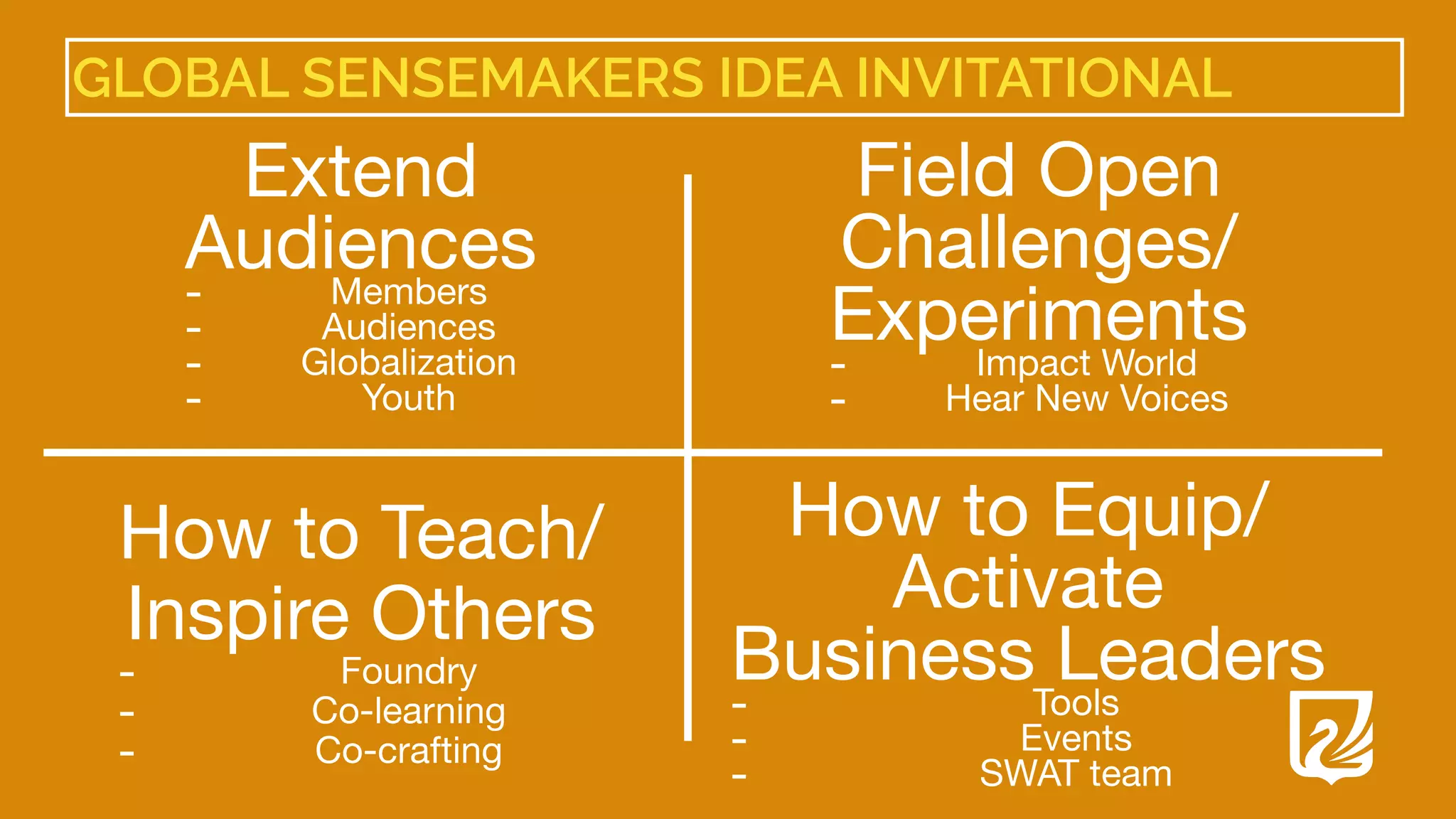 GLOBAL SENSEMAKERS IDEA INVITATIONAL
Extend 

Audiences

- Members

- Audiences

- Globalization

- Youth
Field Open 

Challenges/

Experiments

- Impact World

- Hear New Voices
How to Teach/

Inspire Others

- Foundry

- Co-learning

- Co-crafting
How to Equip/

Activate

Business Leaders

- Tools

- Events

- SWAT team
 