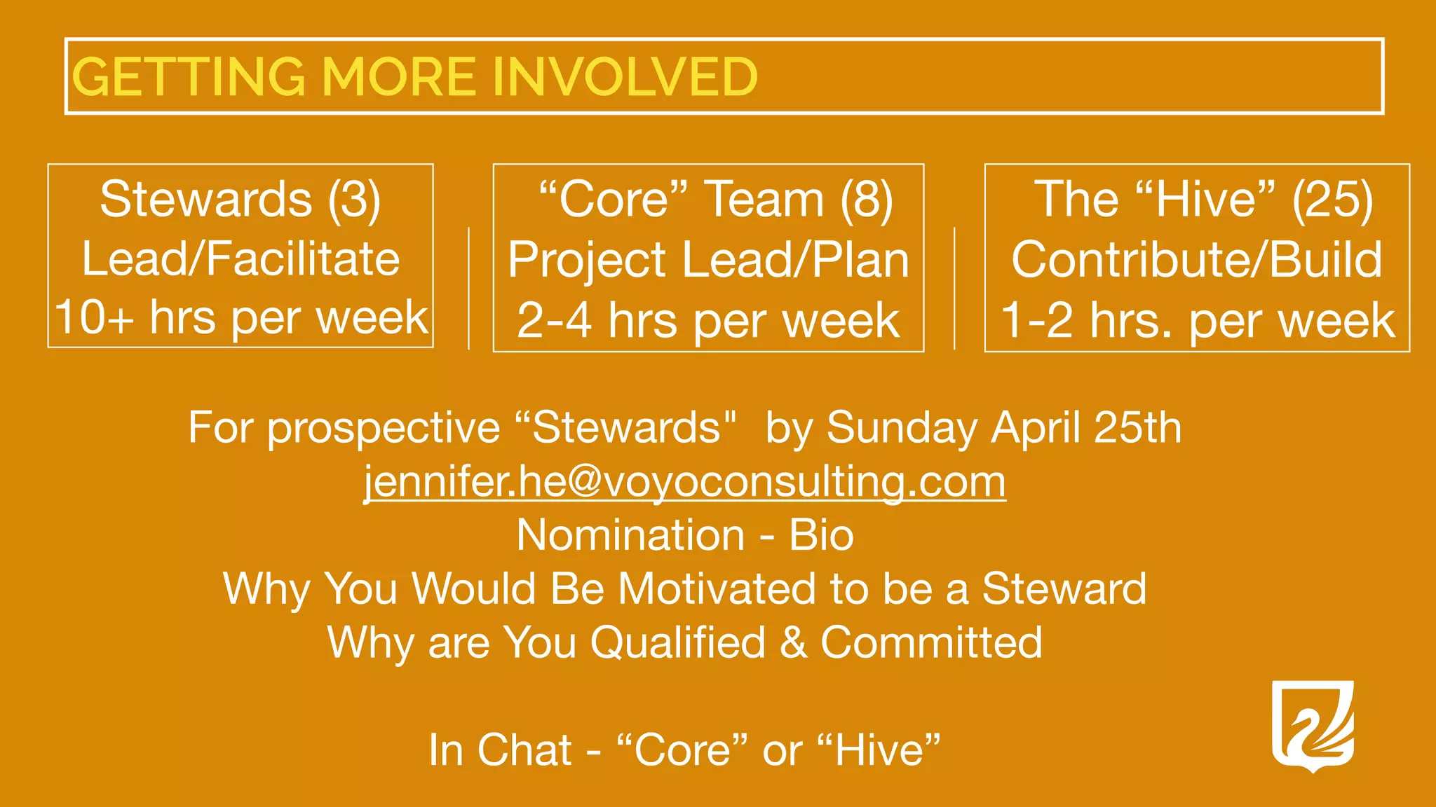 Stewards (3)

Lead/Facilitate

10+ hrs per week
“Core” Team (8)

Project Lead/Plan

2-4 hrs per week
GETTING MORE INVOLVED
The “Hive” (25)

Contribute/Build

1-2 hrs. per week
For prospective “Stewards" by Sunday April 25th
jennifer.he@voyoconsulting.com

Nomination - Bio

Why You Would Be Motivated to be a Steward

Why are You Quali
fi
ed & Committed

In Chat - “Core” or “Hive”

 
