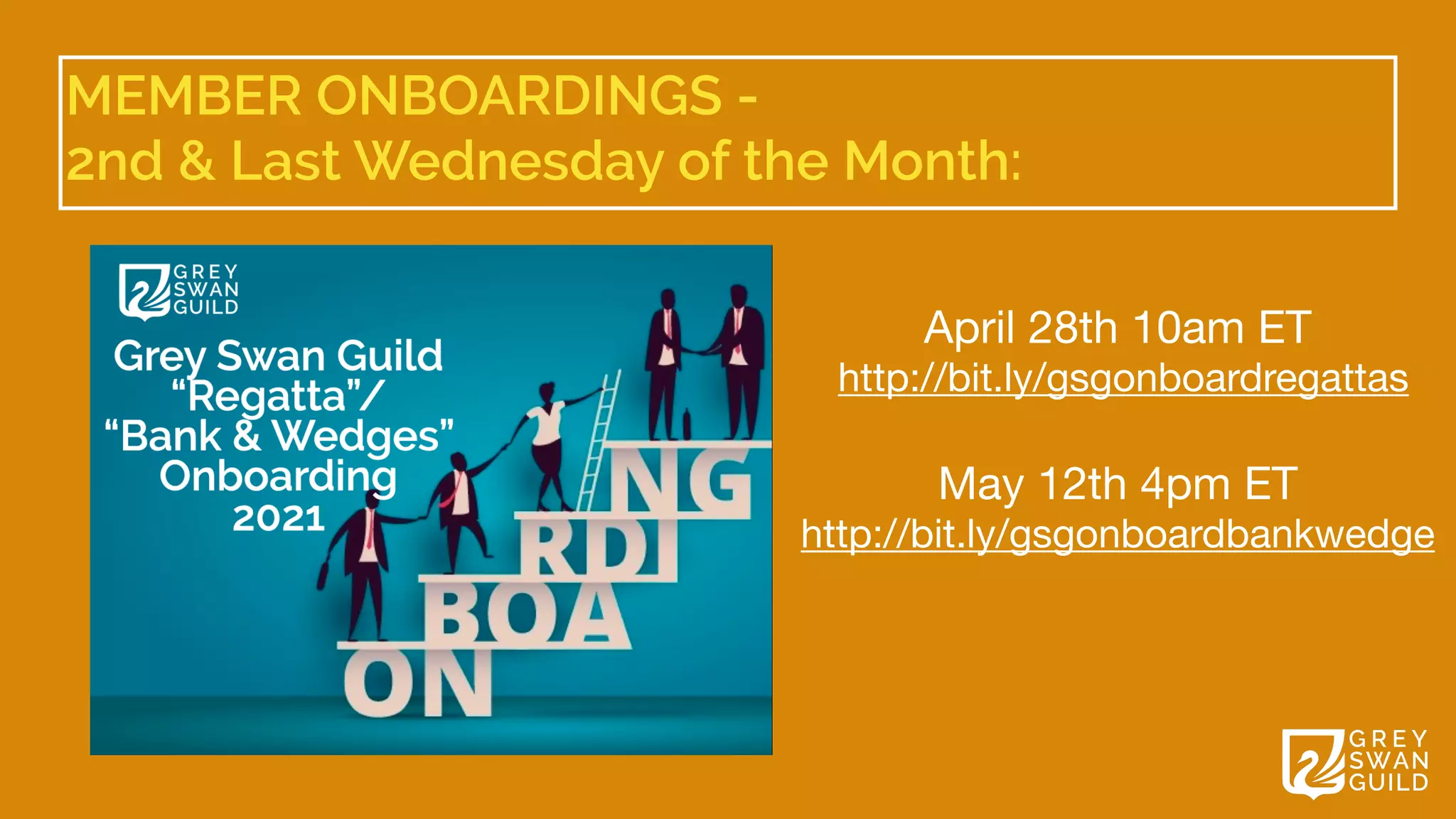 MEMBER ONBOARDINGS -


2nd & Last Wednesday of the Month:


April 28th 10am ET

 http://bit.ly/gsgonboardregattas

May 12th 4pm ET

http://bit.ly/gsgonboardbankwedge

 