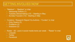 - “Medium” - “Medium” in chat


- Newswrap Editors (1)


- Tuesday Sensemaking (13) - Starting in May


- Sunday Futurism (13) - Starting in May


- Curators - Research Report Co-Authors - “Curator” in chat


- Grey Swans (3)


- Problems (3)


- Solutions (3)


- Radar - (9) - post in social media twice per week - “Radar” in chat


- LinkedIn


- Twitter


- Facebook


GETTING INVOLVED NOW
 