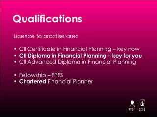 Qualifications Licence to practise area CII Certificate in Financial Planning – key now CII Diploma in Financial Planning – key for you CII Advanced Diploma in Financial Planning Fellowship – FPFS Chartered  Financial Planner  