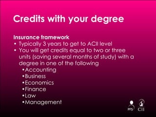Credits with your degree Insurance framework Typically 3 years to get to ACII level You will get credits equal to two or three units (saving several months of study) with a degree in one of the following  Accounting Business Economics Finance Law Management 