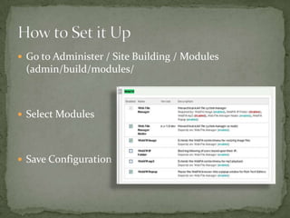 Get the module from:        http://drupal.org/projects/webfmShameless plug warning… Optionally, get the Custom Layout patch from:        http://drupal.org/node/736548Unpack the module (and optionally apply patch).Put the module directory in your sites/all/modules  directoryHow To Set it up