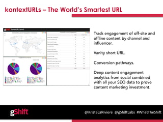 @KristaLaRiviere	
  	
  @gShi0Labs	
  	
  #WhatTheShi0	
  
kontextURLs – The World’s Smartest URL
Track engagement of off-...
