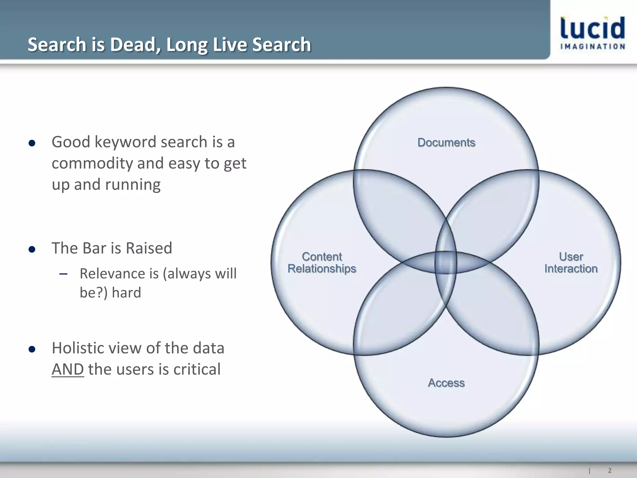 Search is Dead, Long Live Search



   Good keyword search is a                       Documents
    commodity and easy to get
    up and running


   The Bar is Raised                Content                      User
                                   Relationships               Interaction
     – Relevance is (always will
       be?) hard


   Holistic view of the data
    AND the users is critical
                                                    Access




                                                                       |     2
 