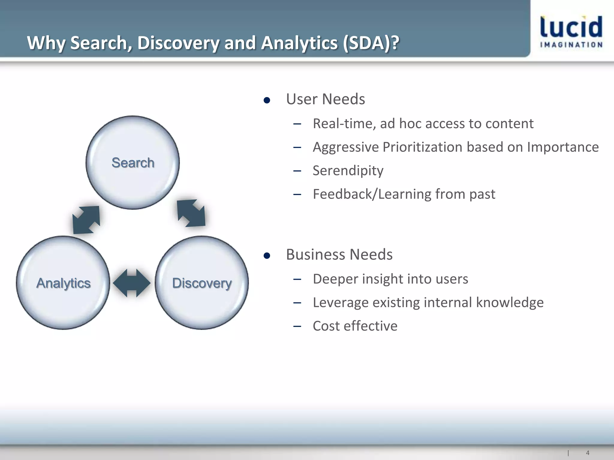 Why Search, Discovery and Analytics (SDA)?

                                     User Needs
                                       – Real-time, ad hoc access to content
                                       – Aggressive Prioritization based on Importance
             Search
                                       – Serendipity
                                       – Feedback/Learning from past


                                     Business Needs
 Analytics            Discovery        – Deeper insight into users
                                       – Leverage existing internal knowledge
                                       – Cost effective




                                                                                |   4
 