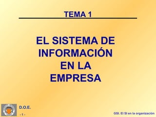 TEMA 1


         EL SISTEMA DE
         INFORMACIÓN
             EN LA
           EMPRESA

D.O.E.
-1-                   GSI. El SI en la organización
 
