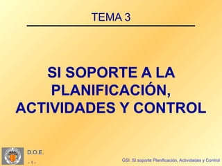 TEMA 3




   SI SOPORTE A LA
    PLANIFICACIÓN,
ACTIVIDADES Y CONTROL

 D.O.E.
              GSI. SI soporte Planificación, Actividades y Control
 -1-
 