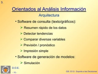 3.

     Orientados al Análisis Información
                          Arquitectura
        • Software de consulta (texto/gráficos):
               Resumen rápido de los datos
               Detectar tendencias
               Comparar diversas variables
               Previsión / pronóstico
               Impresión simple
        • Software de generación de modelos:
               Simulación
     D.O.E.
                                              GSI. El S.I. Soporte a las Decisiones
     - 18 -
 