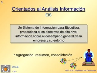3.

     Orientados al Análisis Información
                             EIS


           Un Sistema de Información para Ejecutivos
            Un Sistema de Información para Ejecutivos
             proporciona a los directivos de alto nivel
              proporciona a los directivos de alto nivel
         información sobre el desempeño general de la
          información sobre el desempeño general de la
                      empresa y su entorno
                       empresa y su entorno



      • Agregación, resumen, consolidación


     D.O.E.
                                           GSI. El S.I. Soporte a las Decisiones
     - 26 -
 