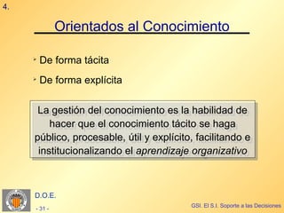 4.

              Orientados al Conocimiento

     ➢
         De forma tácita
     ➢
         De forma explícita

      La gestión del conocimiento es la habilidad de
       La gestión del conocimiento es la habilidad de
         hacer que el conocimiento tácito se haga
          hacer que el conocimiento tácito se haga
     público, procesable, útil y explícito, facilitando e
     público, procesable, útil y explícito, facilitando e
      institucionalizando el aprendizaje organizativo
       institucionalizando el aprendizaje organizativo



     D.O.E.
                                          GSI. El S.I. Soporte a las Decisiones
     - 31 -
 