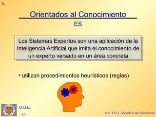 4.

               Orientados al Conocimiento
                             ES

      Los Sistemas Expertos son una aplicación de la
       Los Sistemas Expertos son una aplicación de la
     Inteligencia Artificial que imita el conocimiento de
      Inteligencia Artificial que imita el conocimiento de
           un experto versado en un área concreta
            un experto versado en un área concreta


     • utilizan procedimientos heurísticos (reglas)




     D.O.E.
                                          GSI. El S.I. Soporte a las Decisiones
      - 42 -
 