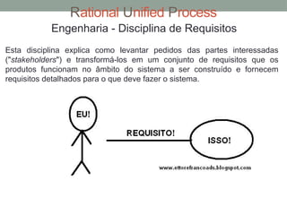 Rational Unified Process
Engenharia - Disciplina de Requisitos
Esta disciplina explica como levantar pedidos das partes interessadas
("stakeholders") e transformá-los em um conjunto de requisitos que os
produtos funcionam no âmbito do sistema a ser construído e fornecem
requisitos detalhados para o que deve fazer o sistema.
 