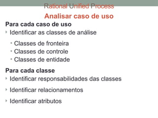 Rational Unified Process
Analisar caso de uso
Para cada caso de uso
 Identificar as classes de análise
• Classes de fronteira
• Classes de controle
• Classes de entidade
Para cada classe
 Identificar responsabilidades das classes
 Identificar relacionamentos
 Identificar atributos
 
