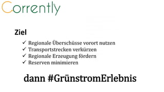 Ziel
 Regionale Überschüsse vorort nutzen
 Transportstrecken verkürzen
 Regionale Erzeugung fördern
 Reserven minimieren
dann #GrünstromErlebnis
 