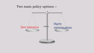 Zero tolerance
Harm
minimisation
versus
Two main policy options :-
 