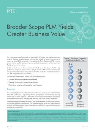 Global Services Insights




Broader Scope PLM Yields
Greater Business Value


For many years, manufacturing firms have used PLM (Product Lifecycle Management)
to drive strategic benefits ranging from top-line growth to bottom-line savings. A
                                                                                                                   Figure 1: Business Processes
recent survey of 200 manufacturers conducted by Tech-Clarity and PTC, however,
                                                                                                                      Implemented with PLM
shows that the level of business improvement that manufacturers achieve from their
PLM programs varies widely.
                                                                                                                             5.3
In this context, one of the most important findings of the study is that the top
performing companies are much more likely to embrace PLM across a broader range                                                                4.5
of organizational functions and processes. In other words, the more that companies
use PLM the greater value they achieve.

This is true in three different aspects of PLM implementations:

•	 Process: Business processes implemented

•	 People: Departments adopting the solution

•	 Time: How long the technology has been in place

Process
The survey asked companies how many major business processes are implemented in
their PLM solution (e.g., engineering change management, manufacturing planning,
and so on). As shown in Figure 1, the higher performing companies have used PLM to
automate more processes, indicating they are using PLM to add value in more ways.

Specific processes that the top performers cited more frequently include quality planning                                                    Average
                                                                                                                            High
and project/portfolio management. This suggests that top performers are addressing                                                           and Lower
                                                                                                                      Performing
                                                                                                                                             Performing
strategic business processes across the enterprise in addition to improving core product                              Companies
                                                                                                                                             Companies
development capabilities.

 About the Research:
 PTC Global Services and Tech Clarity, an analyst firm that specializes in product life cycle management, interviewed 190 senior business and IT leaders in April
 2012 about their experiences with PLM. The goal of the telephone survey was to understand key success factors in planning, implementing, and adopting PLM solu-
 tions in complex manufacturing environments.
 The survey highlighted four issues: PLM strategy and approach, programmatic challenges, implementation and adoption techniques, and adoption. Survey partici-
 pants included representatives of a wide range of manufacturing companies across Europe and North America, including automotive, aerospace, industrial, and
 consumer products.




PTC.com                                                                                                                                                  PTC |      1
 