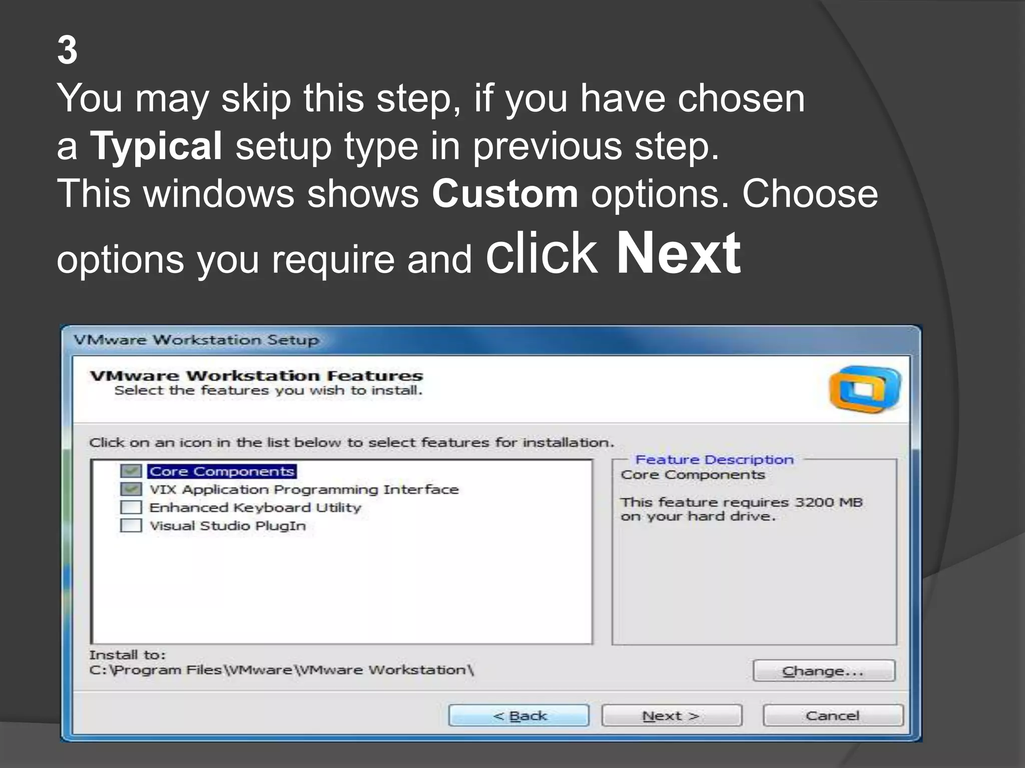 3
You may skip this step, if you have chosen
a Typical setup type in previous step.
This windows shows Custom options. Choose
options you require and click   Next
 