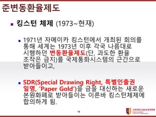 고려대학교정보보호대학원
마스터 제목 스타일 편집
준변동환율제도
 킹스턴 체제 (1973~현재)
 1971년 자메이카 킹스턴에서 개최된 회의를
통해 세계는 1973년 이후 각국 나름대로
시행하던 변동환율제도(단, 과도한 환율
조작은 금지)를 국제통화시스템의 근간으로
받아들이고,
 SDR(Special Drawing Right, 특별인출권
일명, ‘Paper Gold’)을 금을 대신하는 새로운
본원화폐로 받아들이는 이른바 킹스턴체제에
합의하게 됨.
10
 