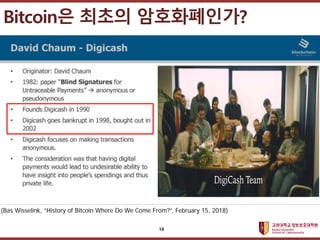 고려대학교정보보호대학원
마스터 제목 스타일 편집
18
(Bas Wisselink, “History of Bitcoin Where Do We Come From?”, February 15, 2018)
Bitcoin은 최초의 암호화폐인가?
 