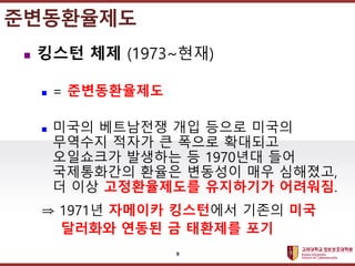 고려대학교정보보호대학원
마스터 제목 스타일 편집
준변동환율제도
 킹스턴 체제 (1973~현재)
 = 준변동환율제도
 미국의 베트남전쟁 개입 등으로 미국의
무역수지 적자가 큰 폭으로 확대되고
오일쇼크가 발생하는 등 1970년대 들어
국제통화간의 환율은 변동성이 매우 심해졌고,
더 이상 고정환율제도를 유지하기가 어려워짐.
⇒ 1971년 자메이카 킹스턴에서 기존의 미국
달러화와 연동된 금 태환제를 포기
9
 