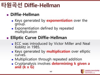 ????????????
??? ?? ??? ??
? Diffie-Hellman
? Keys generated by exponentiation over the
group.
? Exponentiation defined by repeated
multiplication
? Elliptic Curve Diffie-Hellman
? ECC was introduced by Victor Miller and Neal
Koblitz in 1985.
? Keys generated by multiplication over elliptic
curves.
? Multiplication through repeated addition
? Cryptanalysis involves determining k given a
and (k x G)
???? Diffie-Hellman
107
 