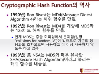 ????????????
??? ?? ??? ??
? 1990?) Ron Rivest? MD4(Message Digest
Algorithm 4)?? ?? ??? ??.
? 1992?) Ron Rivest? MD4? ??? MD5?
? 128?? ?? ??? ??.
? ?? MD5? ?? ????? ???(??
collisions for random IV)? ???? ??? ?
??? ????? ???? ? ?? ???? ?
?? ?? ??.
? 1993?)  NSA? MD5? ?? ???
SHA(Secure Hash Algorithm)??? ???
?? ??? ???.
Cryptographic Hash Function? ??
122
 